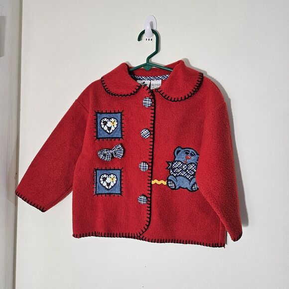 Vintage 80s Radishes & Roses Girl's 3T Red Fleece Cardigan Jacket with Patches - Picture 2 of 8
